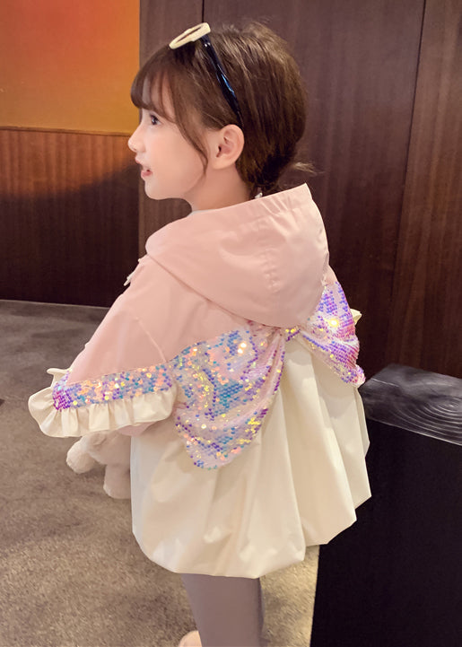 Pink Hooded Sequins Ruffled Cotton Coat Fall