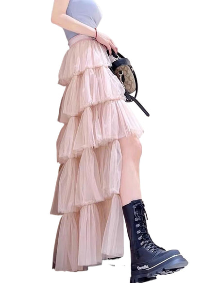 Pink Low High Design High Waist Tulle Skirts Spring
