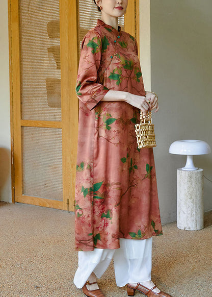 Pink Mandarin Collar Button Print Silk Cheongsam Dress Bracelet Sleeve