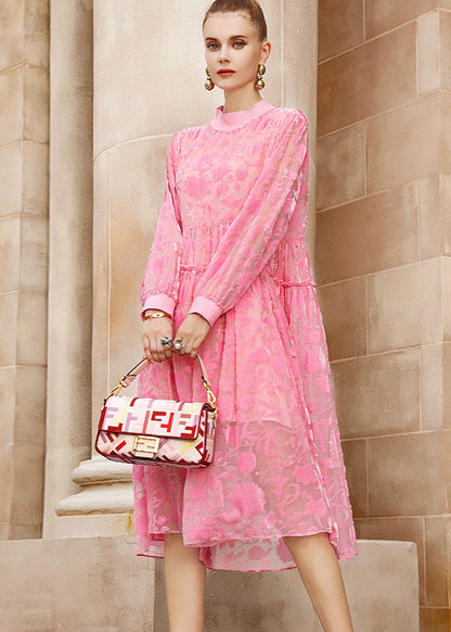 Pink O-neck Embroidered Patchwork Wrinkled Silk Velour Long Dresses Long Sleeve