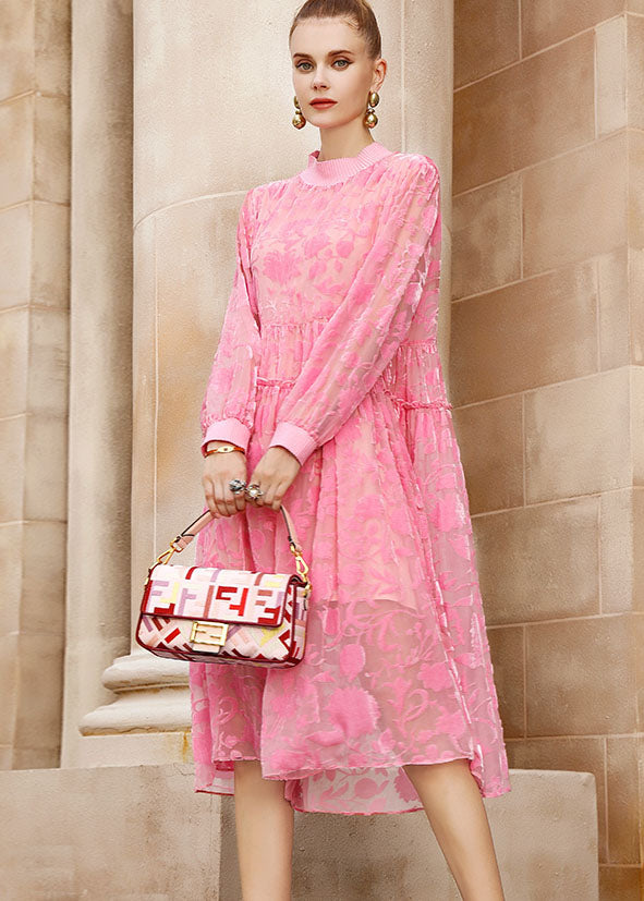 Pink O-neck Embroidered Patchwork Wrinkled Silk Velour Long Dresses Long Sleeve