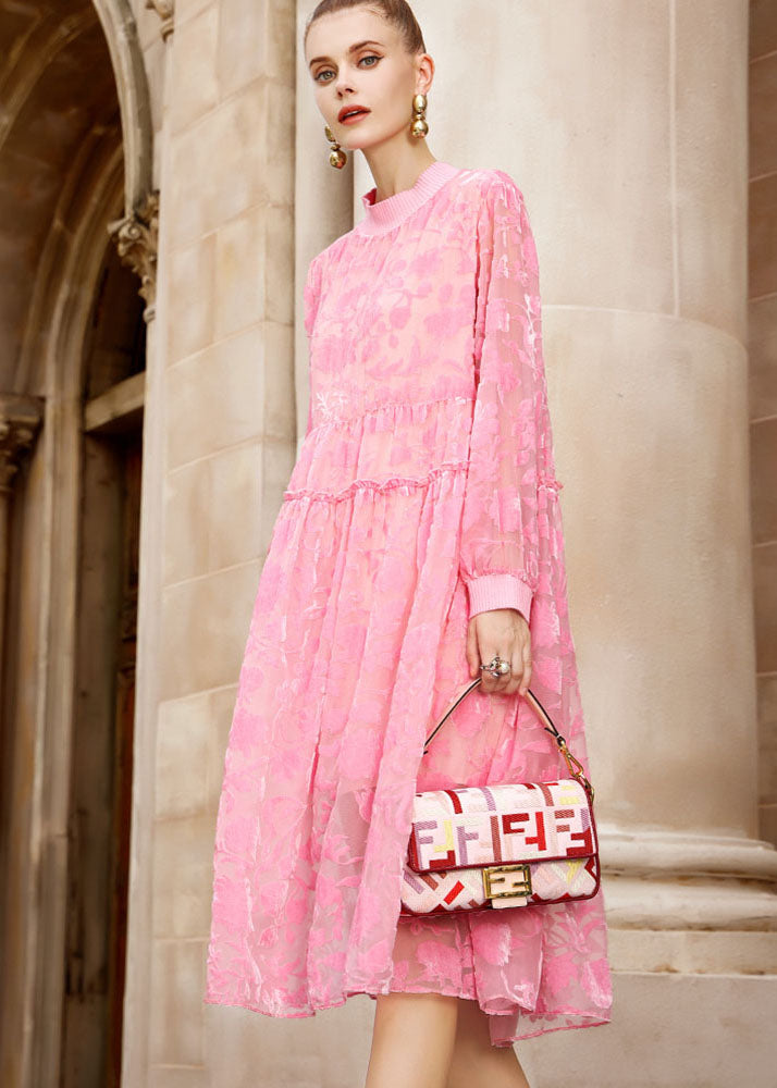 Pink O-neck Embroidered Patchwork Wrinkled Silk Velour Long Dresses Long Sleeve