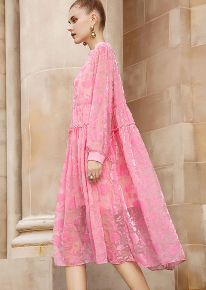 Pink O-neck Embroidered Patchwork Wrinkled Silk Velour Long Dresses Long Sleeve