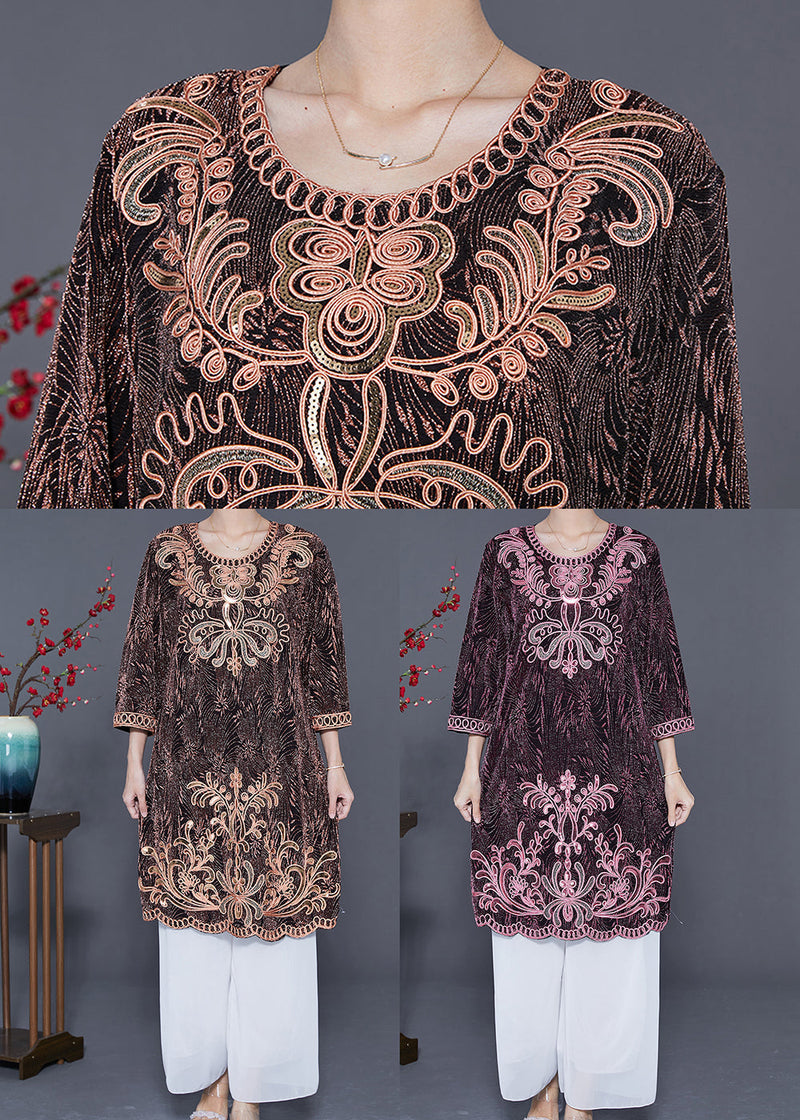 Pink O-neck Embroideried Silk Vacation Dresses Bracelet Sleeve