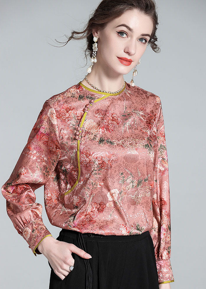 Pink O Neck Jacquard Chinese Button Patchwork Silk Shirt Spring