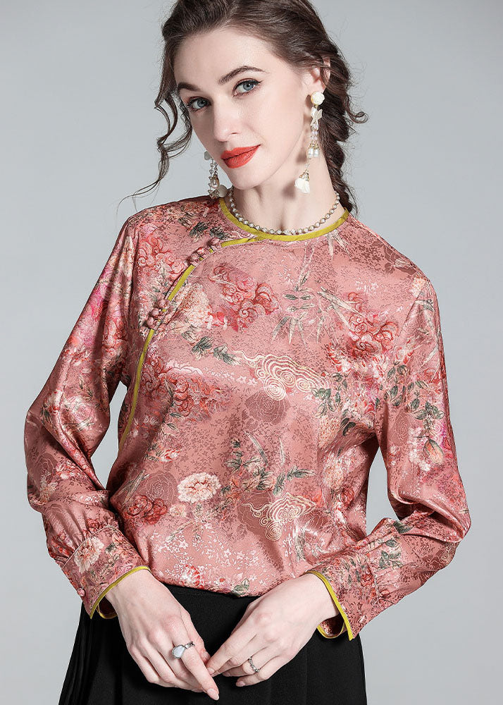 Pink O Neck Jacquard Chinese Button Patchwork Silk Shirt Spring