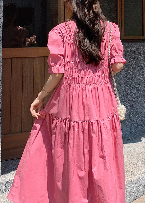Pink O Neck Puff Sleeve Wrinkled Patchwork Cotton Long Dress