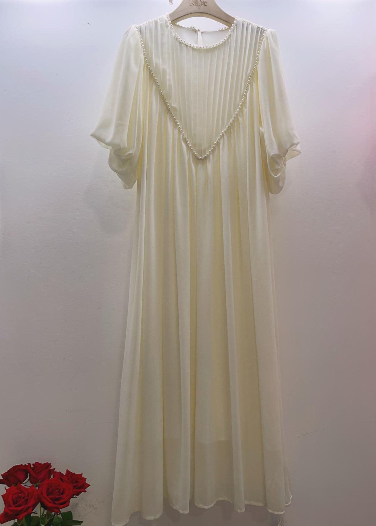 Pink O-neck Wrinkled Nail Bead Long Traveling Dresses Spring