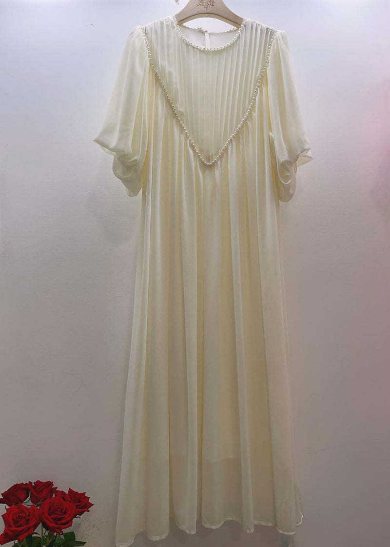 Pink O-neck Wrinkled Nail Bead Long Traveling Dresses Spring