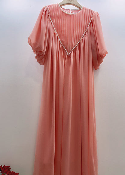 Pink O-neck Wrinkled Nail Bead Long Traveling Dresses Spring