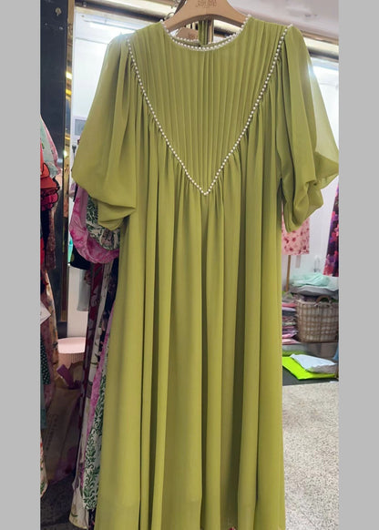 Pink O-neck Wrinkled Nail Bead Long Traveling Dresses Spring