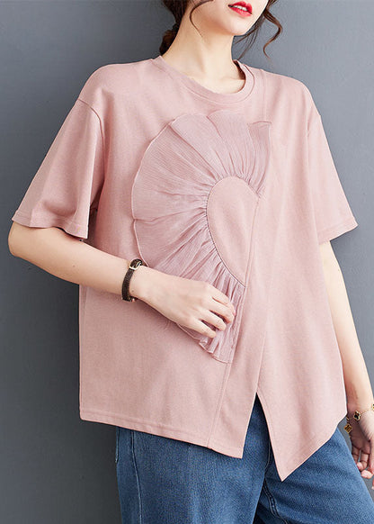 Pink O Neck Wrinkled Patchwork Cotton T Shirt Top Summer