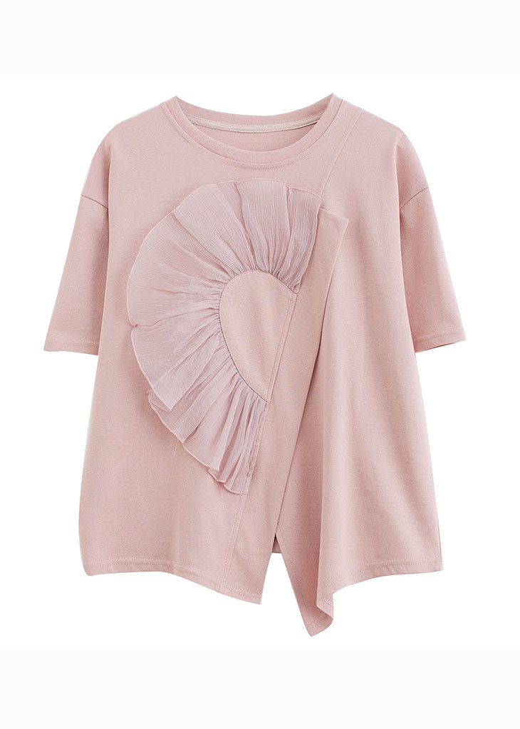 Pink O Neck Wrinkled Patchwork Cotton T Shirt Top Summer