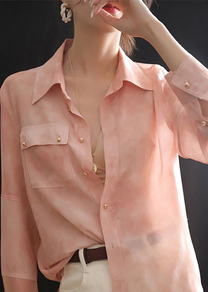 Pink Peter Pan Collar Button Chiffon Blouse Top Spring