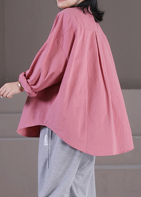 Pink Peter Pan Collar Button Pockets Shirts Long Sleeve