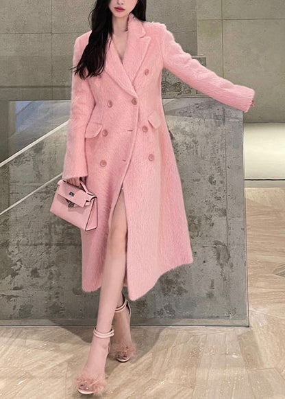 Pink Peter Pan Collar Double Breast Patchwork Woolen Coat Winter