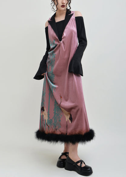 Pink Print False Two Pieces Patchwork Silk Velvet Dress Spring