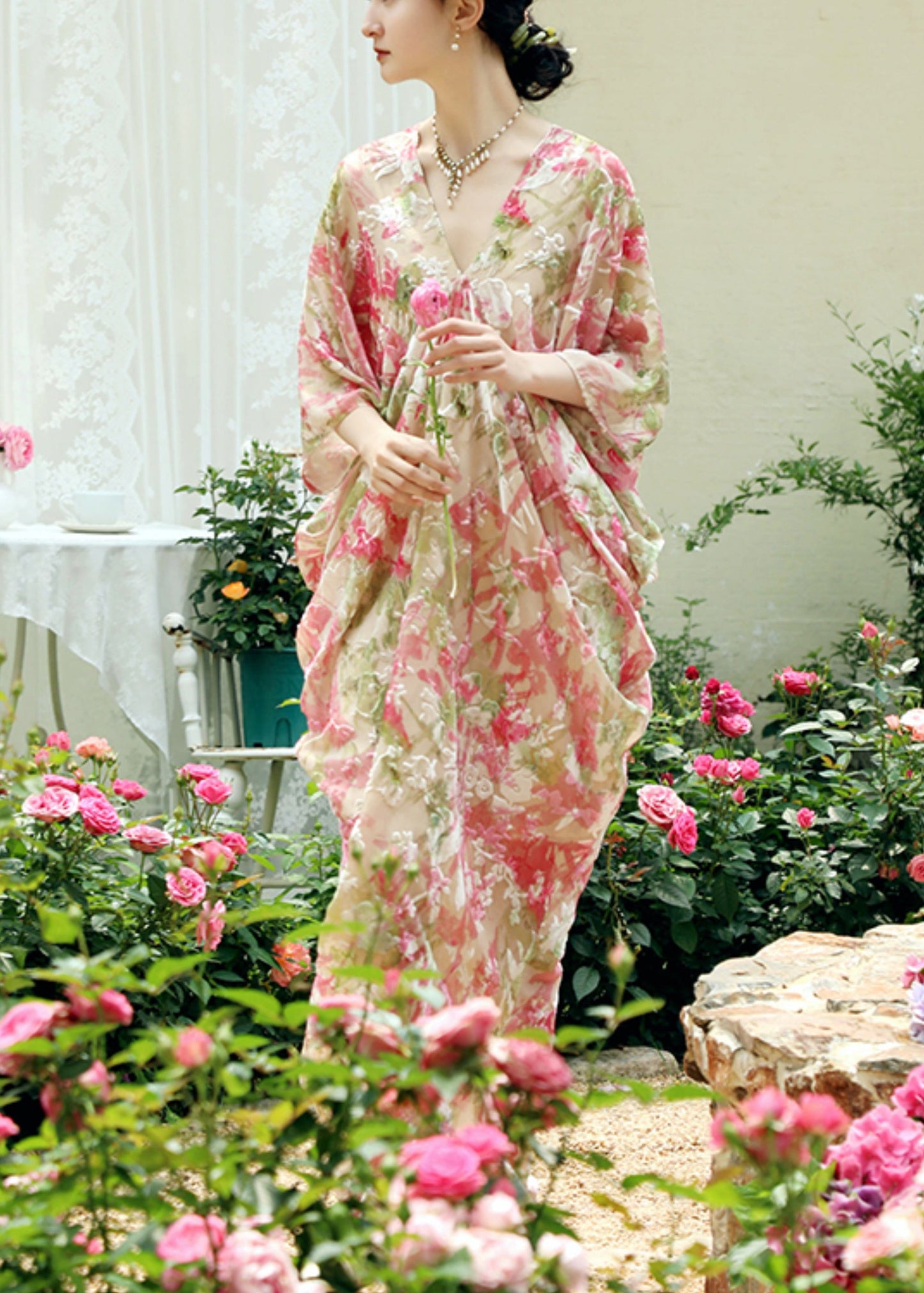 Pink Print Wrinkled Silk Maxi Dresses Batwing Sleeve