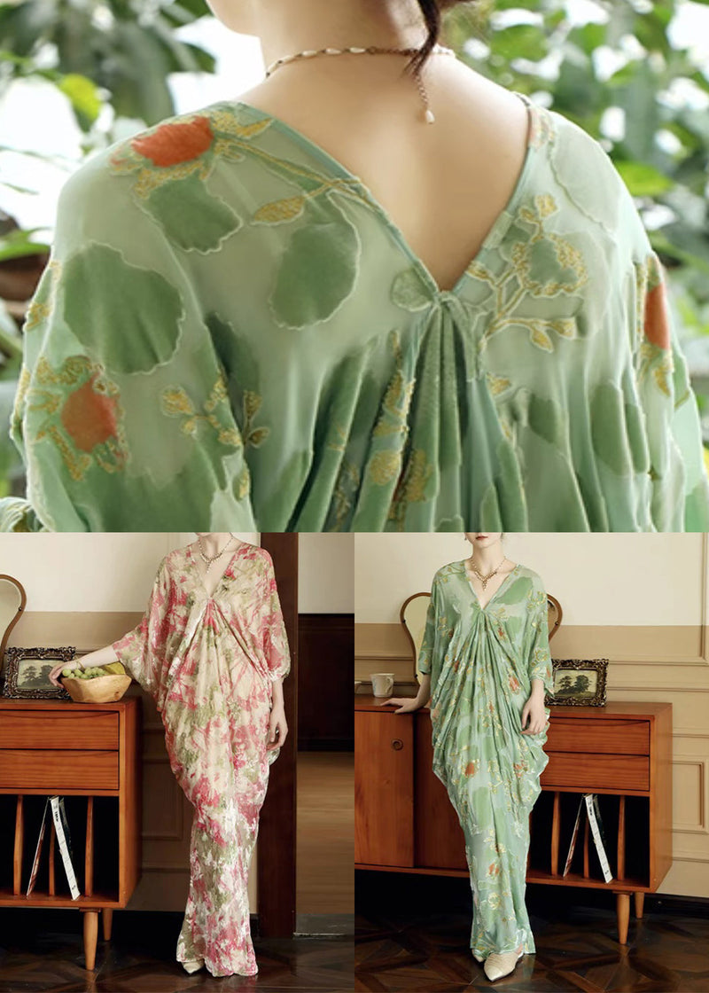 Pink Print Wrinkled Silk Maxi Dresses Batwing Sleeve