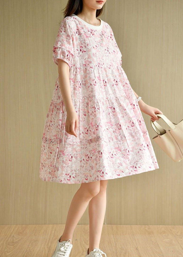 Pink Puff Sleeve Print Summer Cotton Dresses