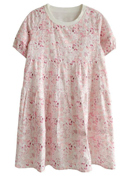 Pink Puff Sleeve Print Summer Cotton Dresses
