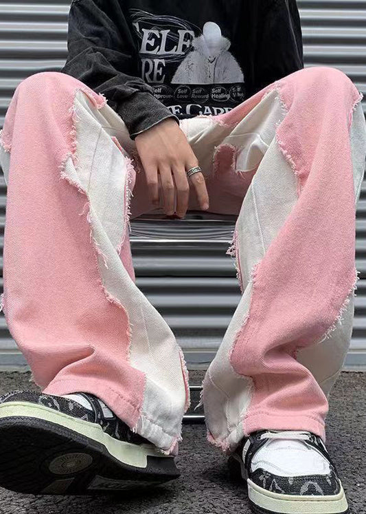 Pink Rough Edge Patchwork Denim Pants Fall