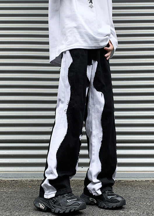 Pink Rough Edge Patchwork Denim Pants Fall