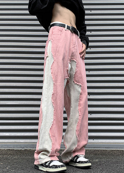 Pink Rough Edge Patchwork Denim Pants Fall