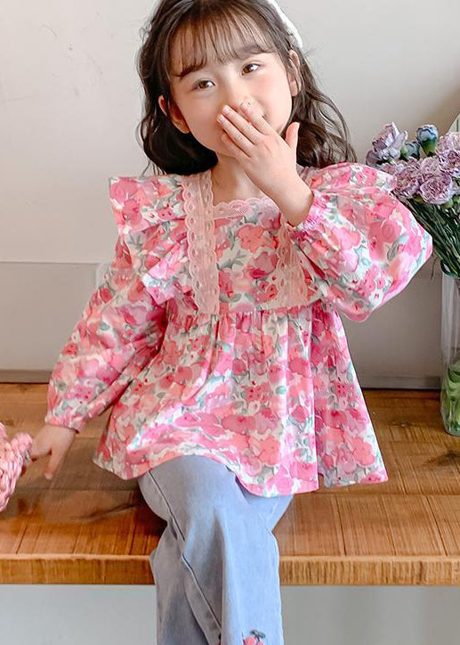 Pink Ruffled Button Print Cotton Shirt Long Sleeve