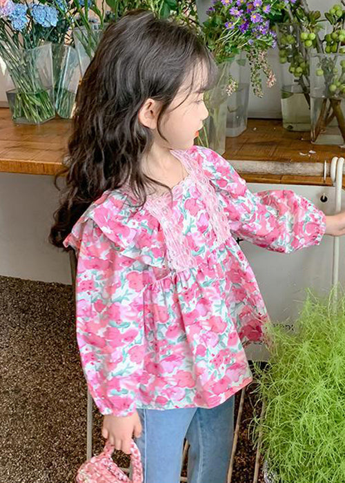 Pink Ruffled Button Print Cotton Shirt Long Sleeve