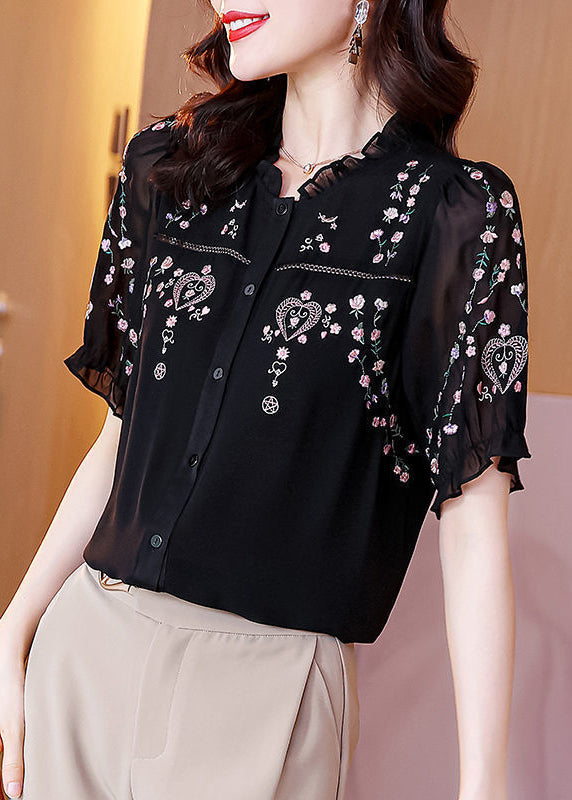 Pink Ruffled Embroidered Silk Shirt Summer