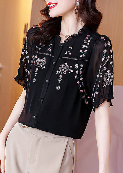 Pink Ruffled Embroidered Silk Shirt Summer