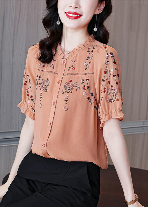 Pink Ruffled Embroidered Silk Shirt Summer