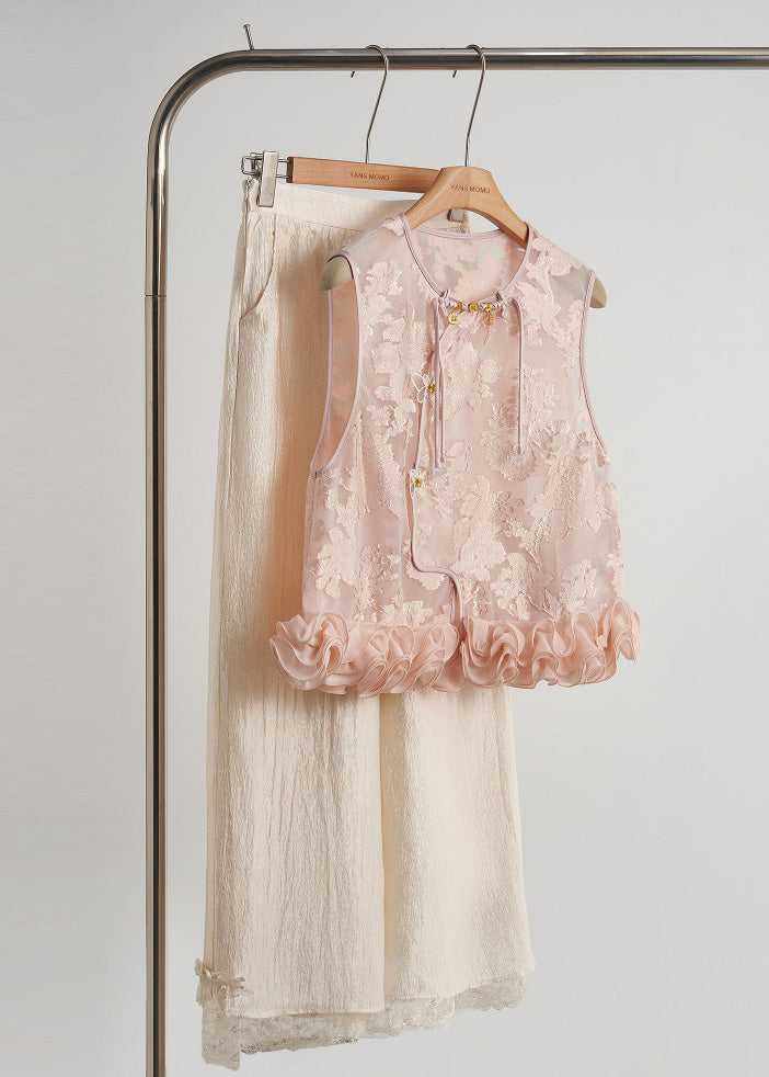 Pink Ruffled Jacquard Silk Vest Sleeveless