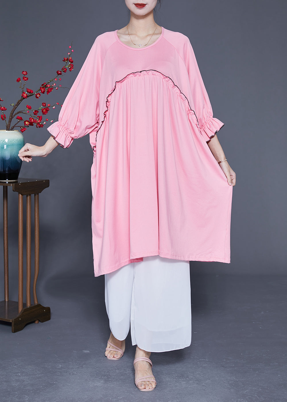 Pink Ruffled Patchwork Cotton a Line Dress Summer