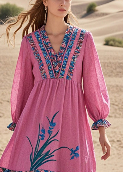 Pink Ruffled Patchwork Cotton Tea Dress Spring