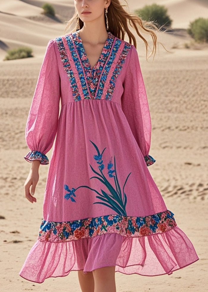 Pink Ruffled Patchwork Cotton Tea Dress Spring