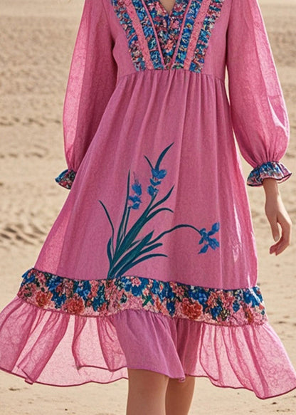 Pink Ruffled Patchwork Cotton Tea Dress Spring