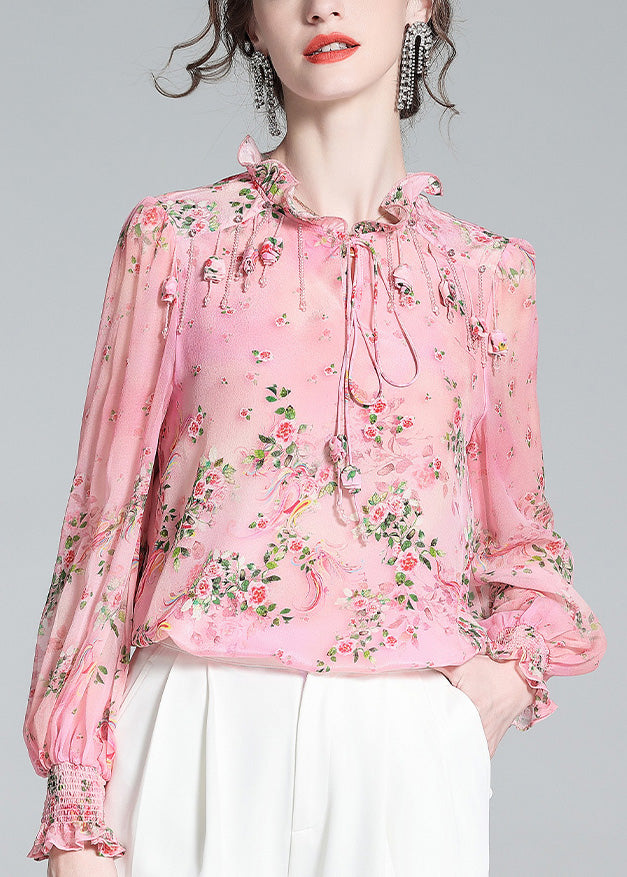 Pink Ruffled Print Tassel Neck Tiie Silk Shirt Long Sleeve