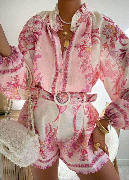 Pink Ruffled Print Top and Shorts Cotton Two Pieces Set Summer