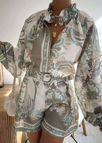 Pink Ruffled Print Top and Shorts Cotton Two Pieces Set Summer
