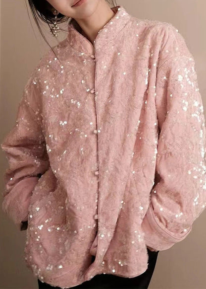 Pink Sequins Button Silk Velvet Coats Long Sleeve