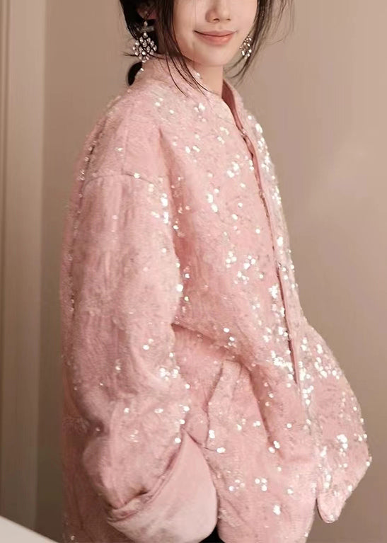 Pink Sequins Button Silk Velvet Coats Long Sleeve