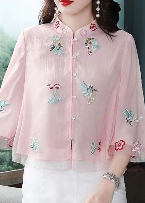 Pink Stand Collar Embroideried Patchwork Chiffon Tops Summer
