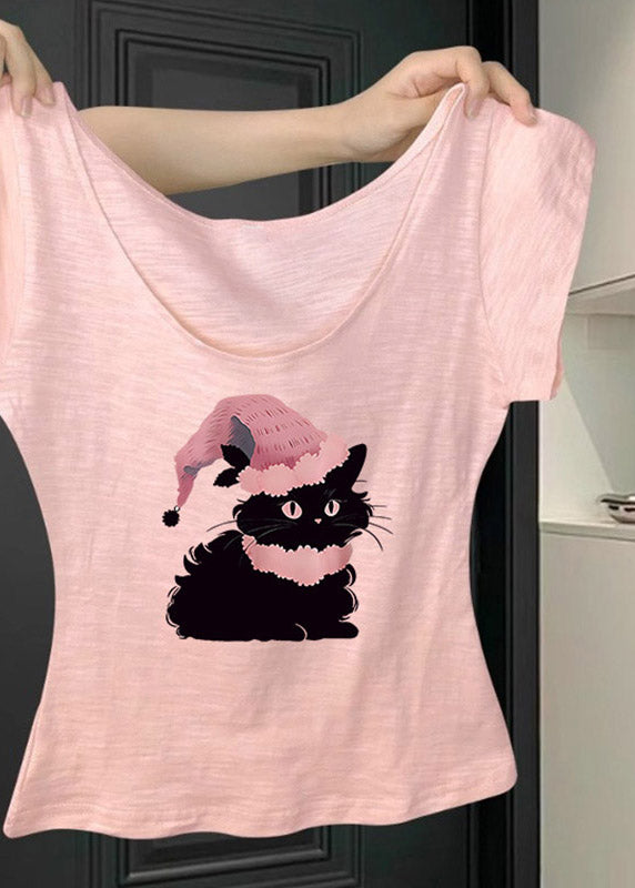 Pink U Neck Animal Print T Shirt Short Sleeve