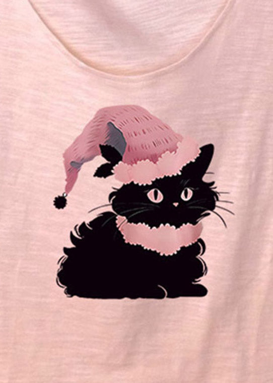 Pink U Neck Animal Print T Shirt Short Sleeve