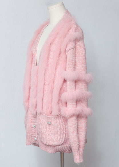 Pink V Neck Fox Fur Patchwork Woolen Cardigans Winter