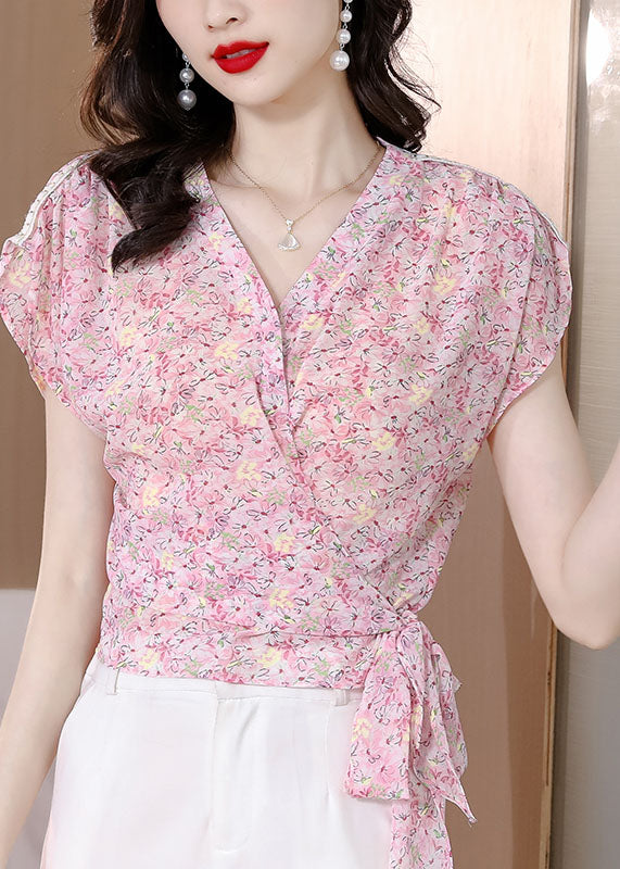 Pink V Neck Print Patchwork Chiffon Top Summer
