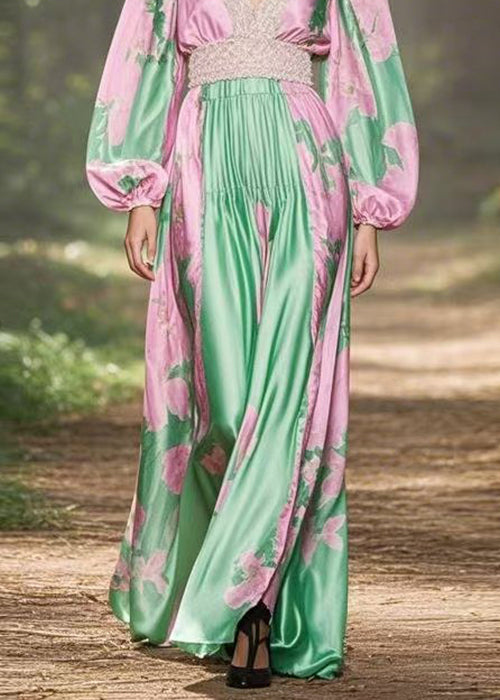 Pink V Neck Print Patchwork Silk Long Dresses Spring