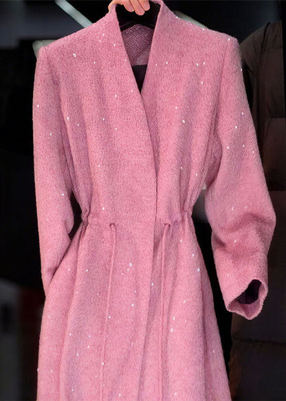 Pink V Neck Sequins Drawstring Coat Spring